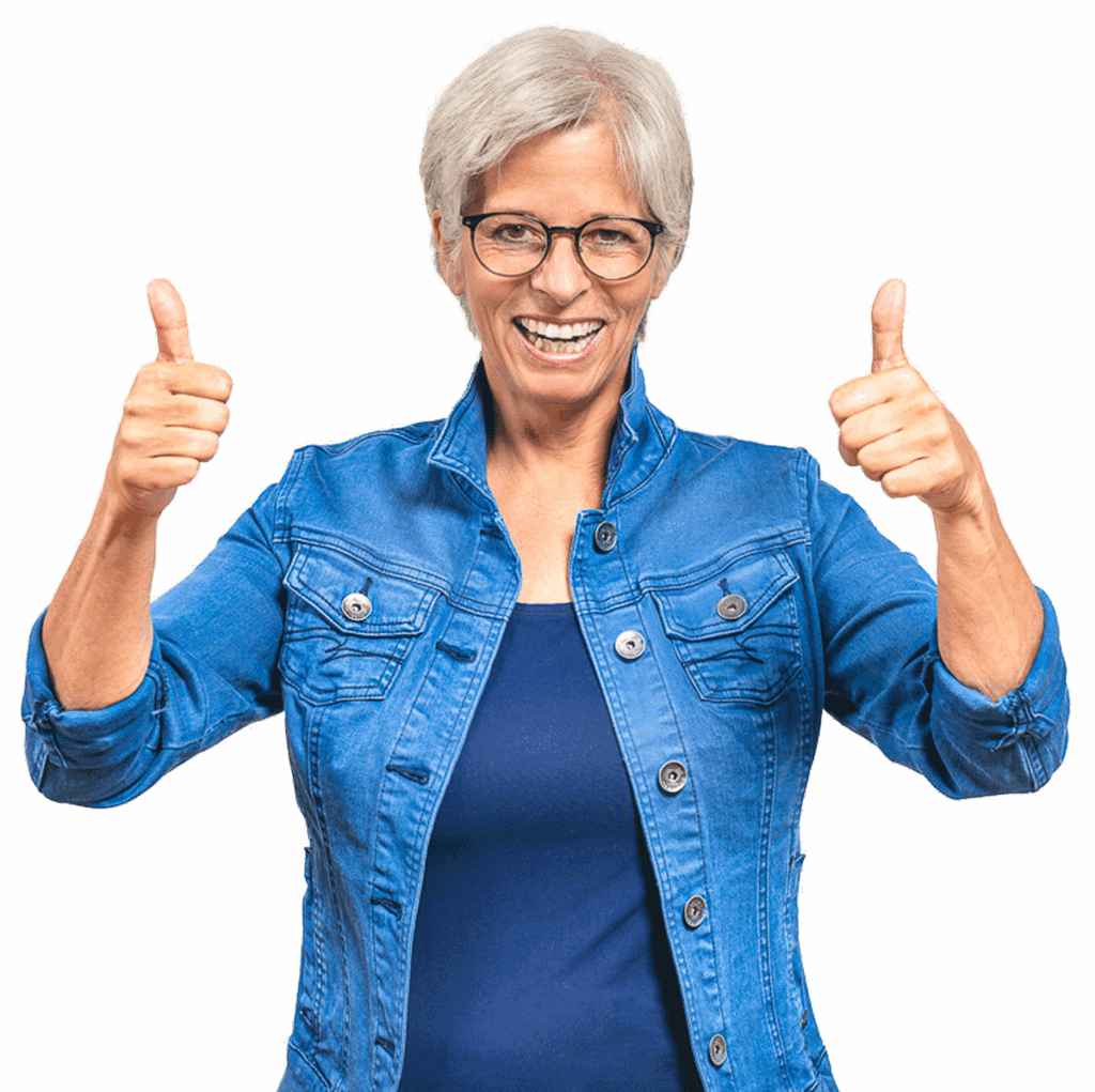 Ursula Simon mit positiver Ausstrahlung und mit beiden Daumen hoch.