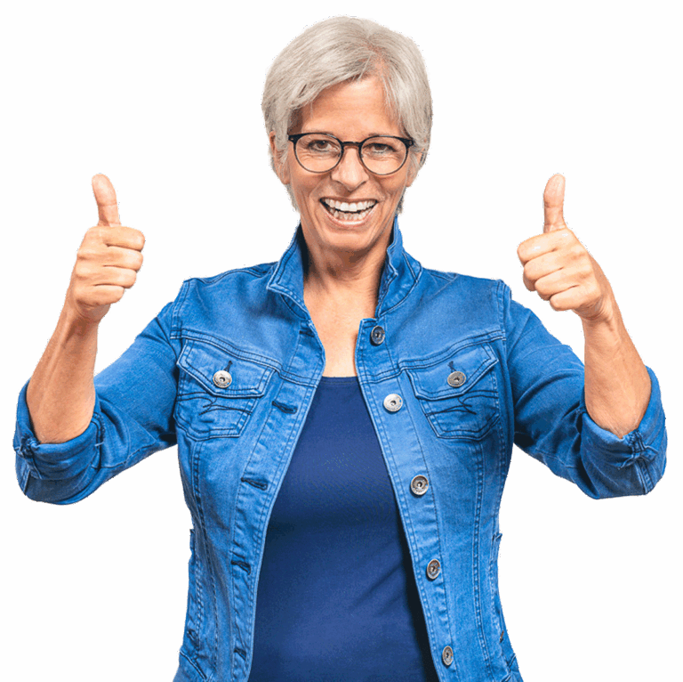 Ursula Simon mit positiver Ausstrahlung und mit beiden Daumen hoch.