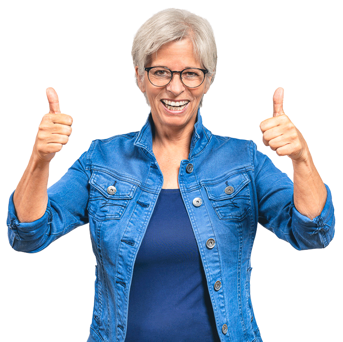 Ursula Simon mit positiver Ausstrahlung und mit beiden Daumen hoch.